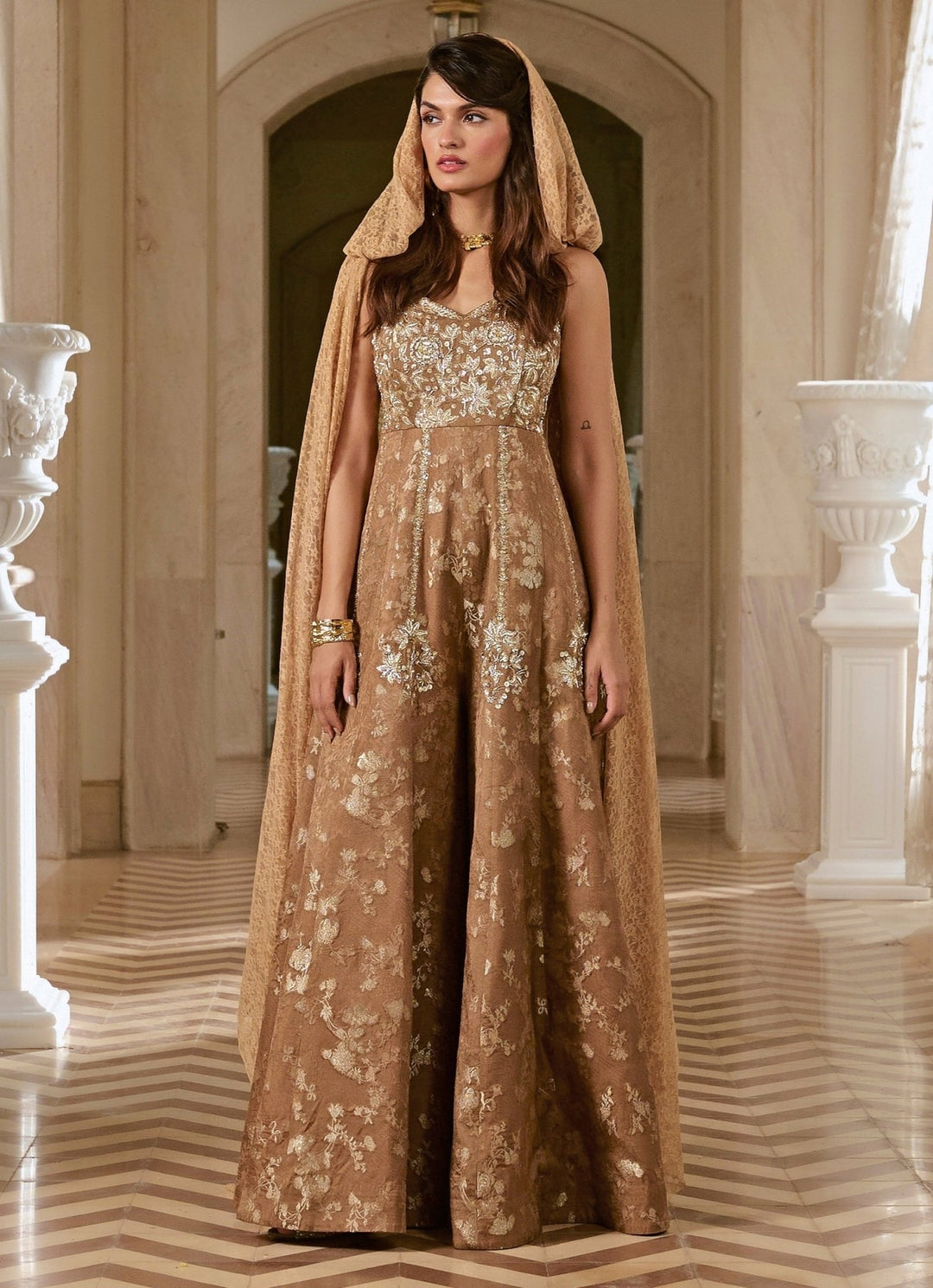 Mocha Brown Jacquard Jumpsuit Paulmi and Harsh - Fabilicious Fashion