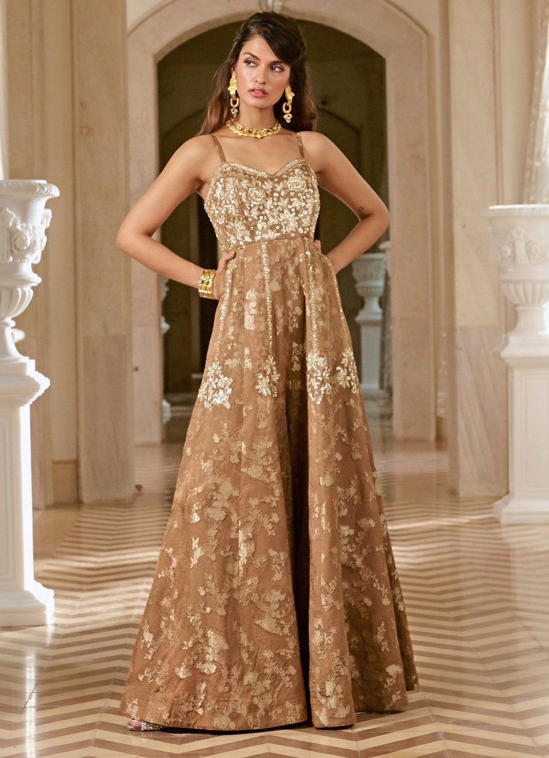 Mocha Brown Jacquard Jumpsuit Paulmi and Harsh - Fabilicious Fashion