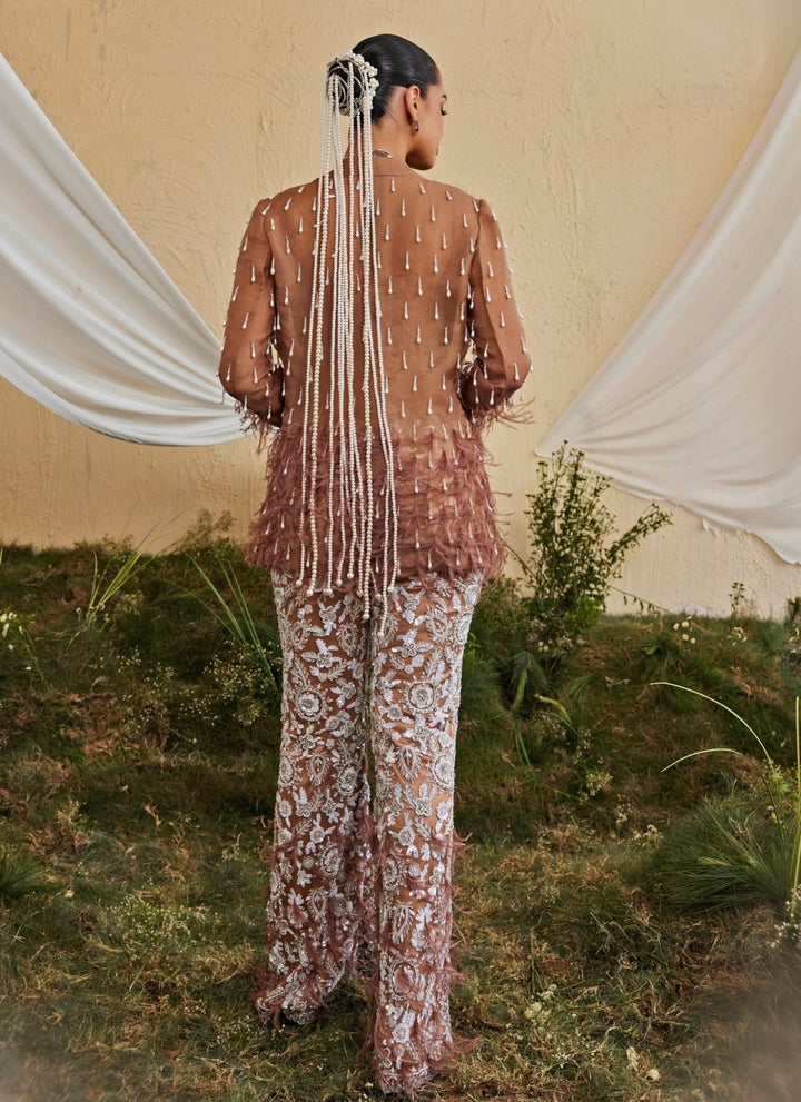 Mani Bhatia Mocha Brown Organza Jacket Pants SetFabilicious Fashion