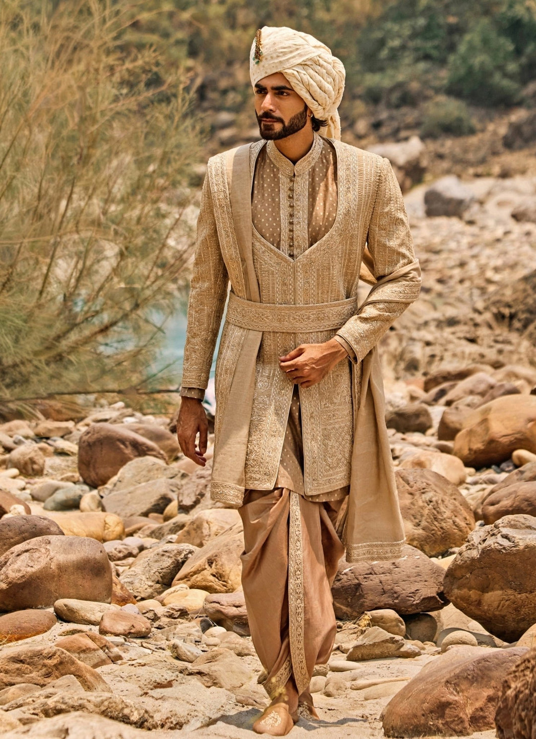 Nitika Gujral - Men Mocha Brown Raw Silk Sherwani Set with Dhoti PantsFabilicious Fashion