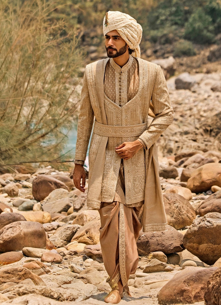 Nitika Gujral - Men Mocha Brown Raw Silk Sherwani Set with Dhoti PantsFabilicious Fashion