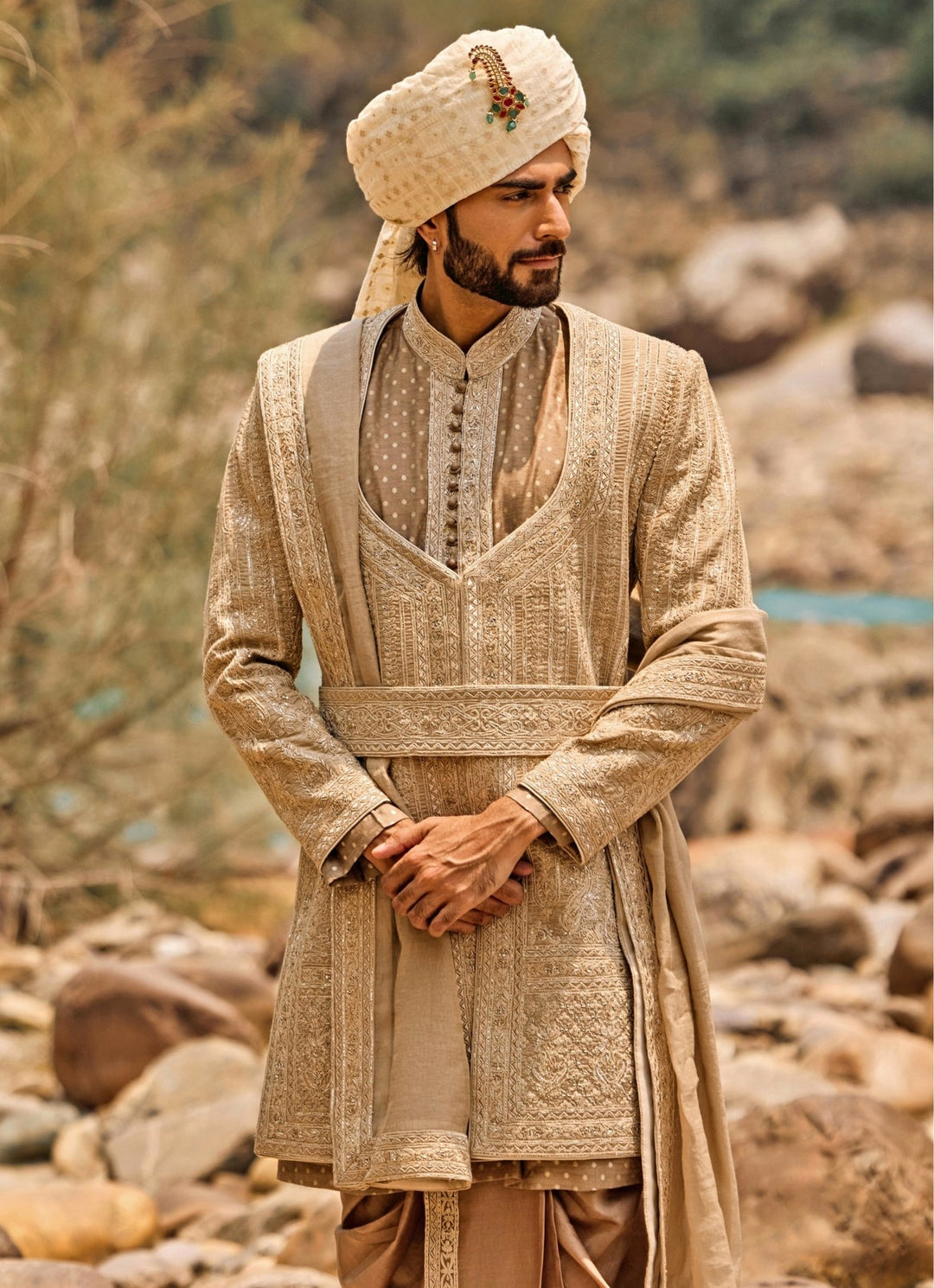 Nitika Gujral - Men Mocha Brown Raw Silk Sherwani Set with Dhoti PantsFabilicious Fashion