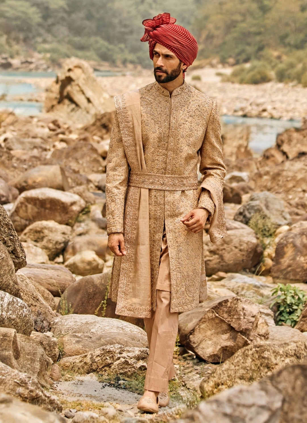 Nitika Gujral - Men Mocha Brown Raw Silk Sherwani SetFabilicious Fashion