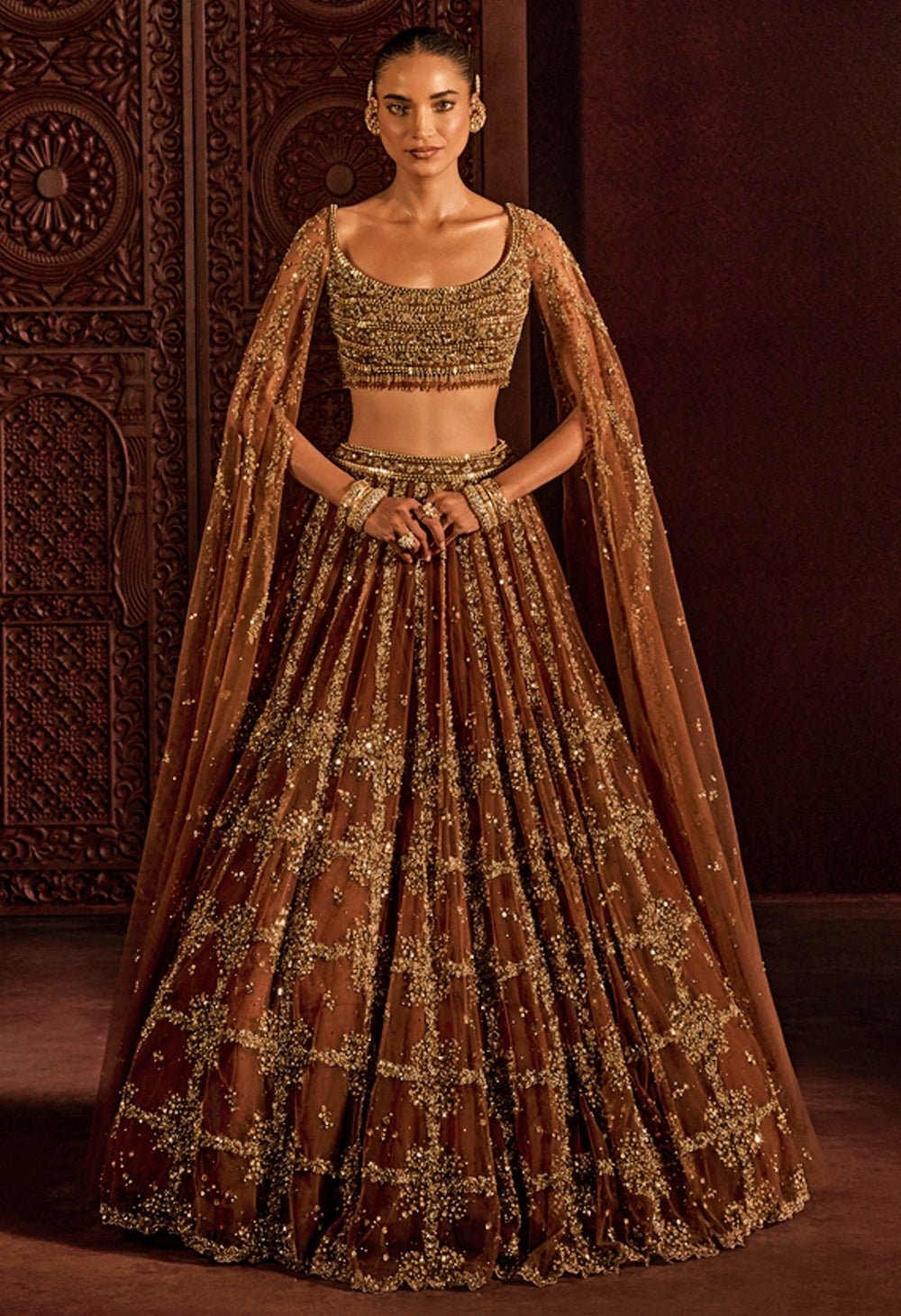Mocha Brown Soft Net Lehenga Set Prevasu - Fabilicious Fashion