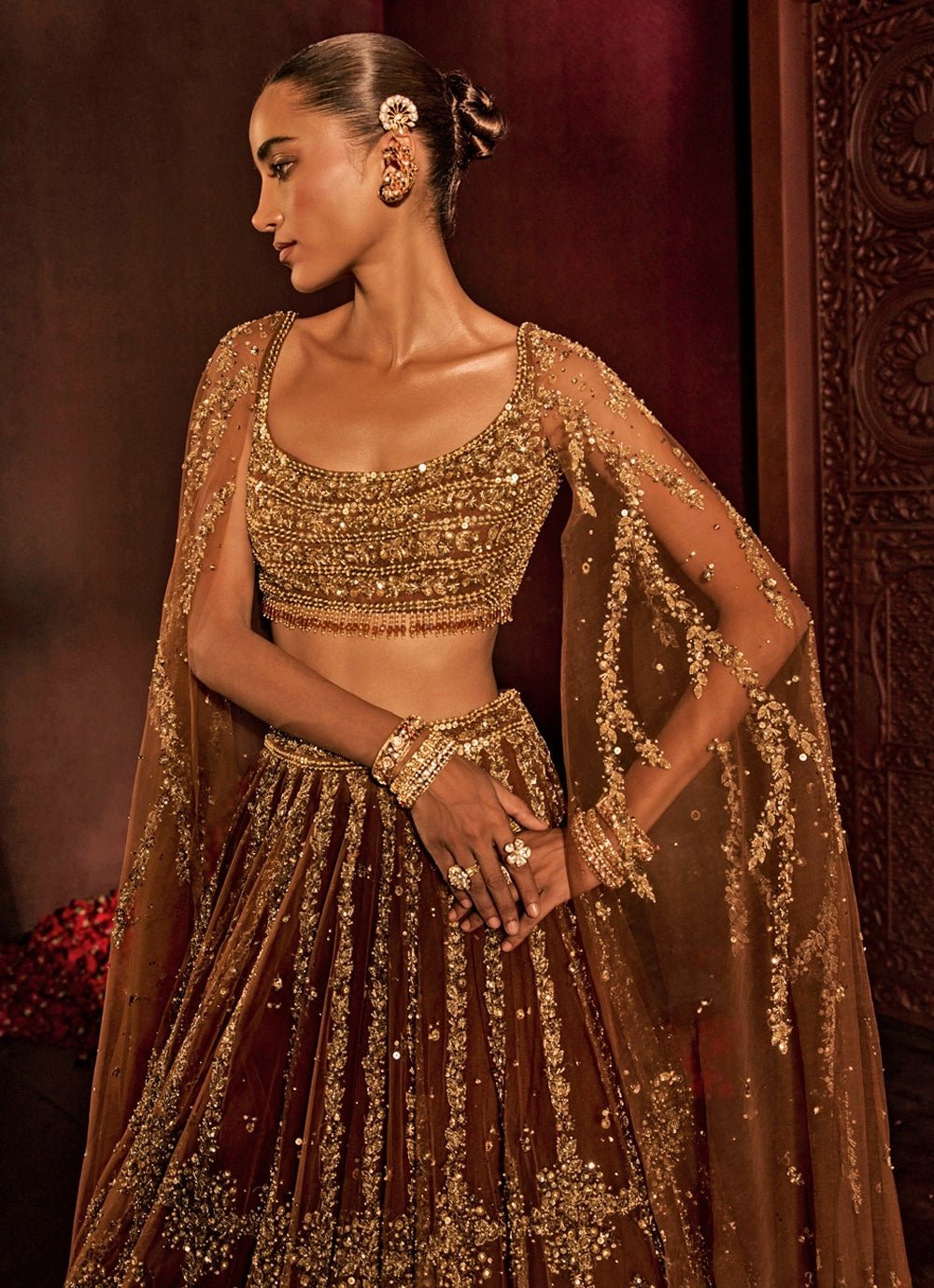 Mocha Brown Soft Net Lehenga Set Prevasu - Fabilicious Fashion