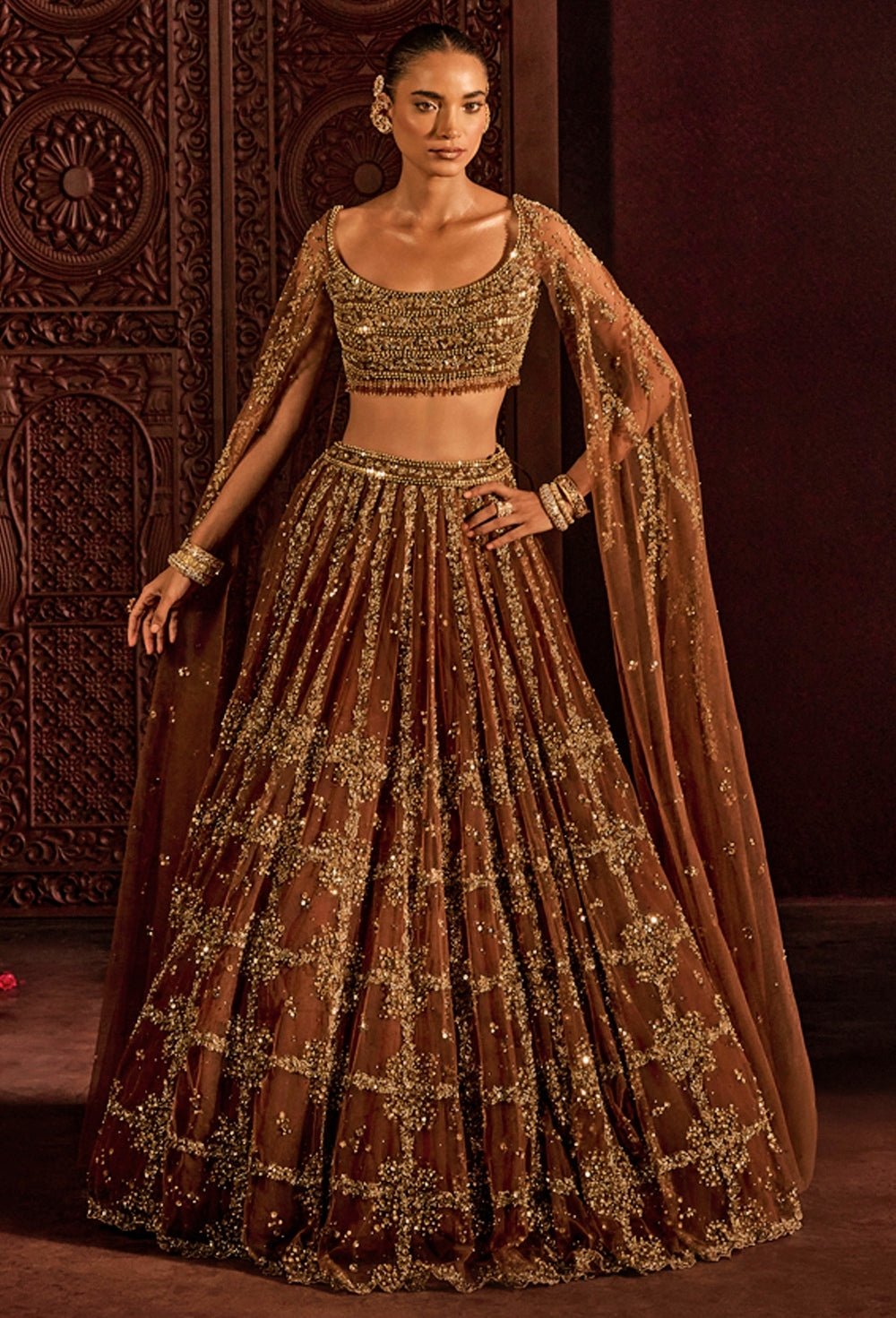 Mocha Brown Soft Net Lehenga Set Prevasu - Fabilicious Fashion