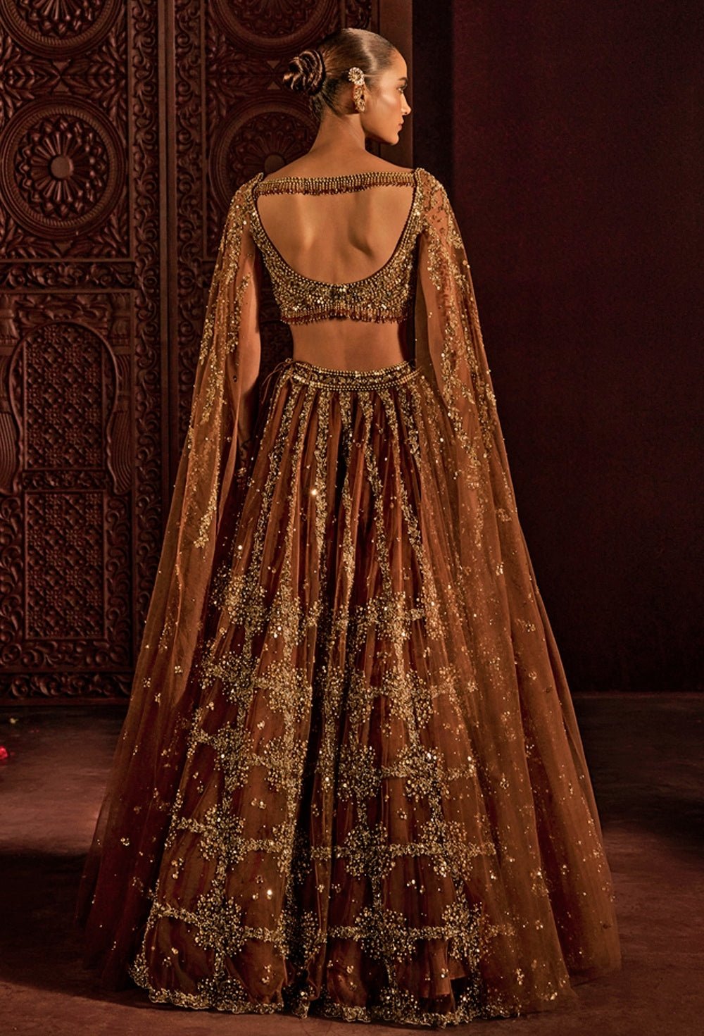 Mocha Brown Soft Net Lehenga Set Prevasu - Fabilicious Fashion