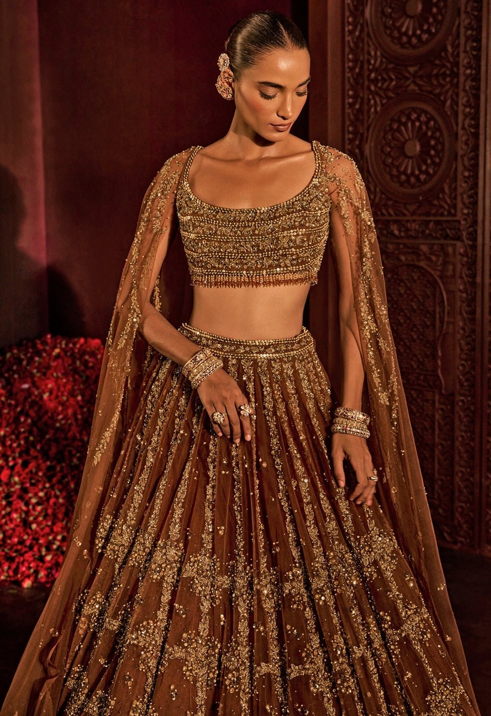 Mocha Brown Soft Net Lehenga Set Prevasu - Fabilicious Fashion