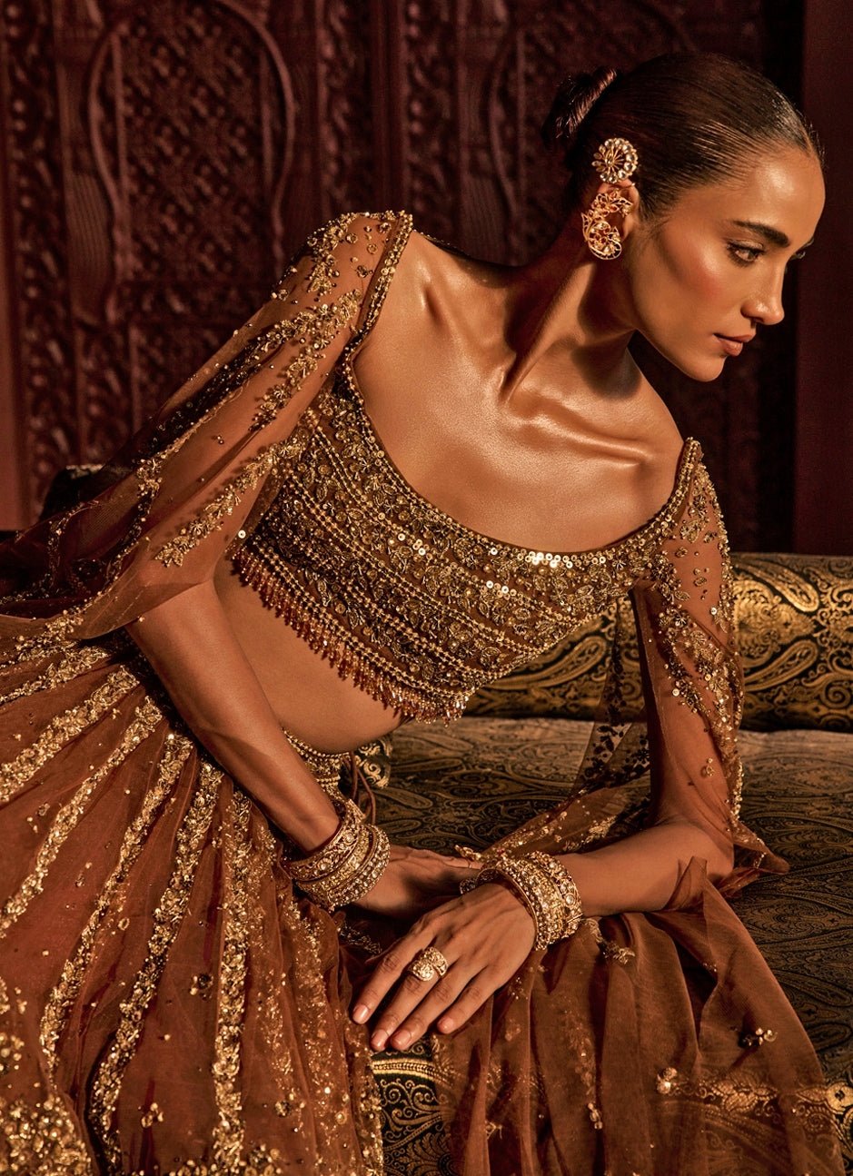 Mocha Brown Soft Net Lehenga Set Prevasu - Fabilicious Fashion