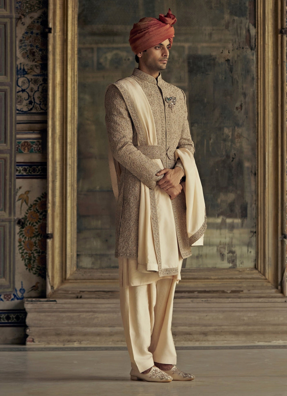 Mocha Colour Embroidered Silk Sherwani Nitika Gujral - Men - Fabilicious Fashion