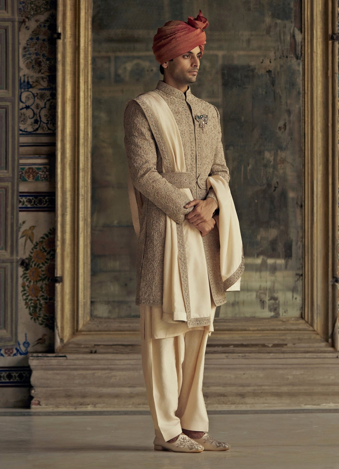Mocha Colour Embroidered Silk Sherwani Nitika Gujral - Men - Fabilicious Fashion