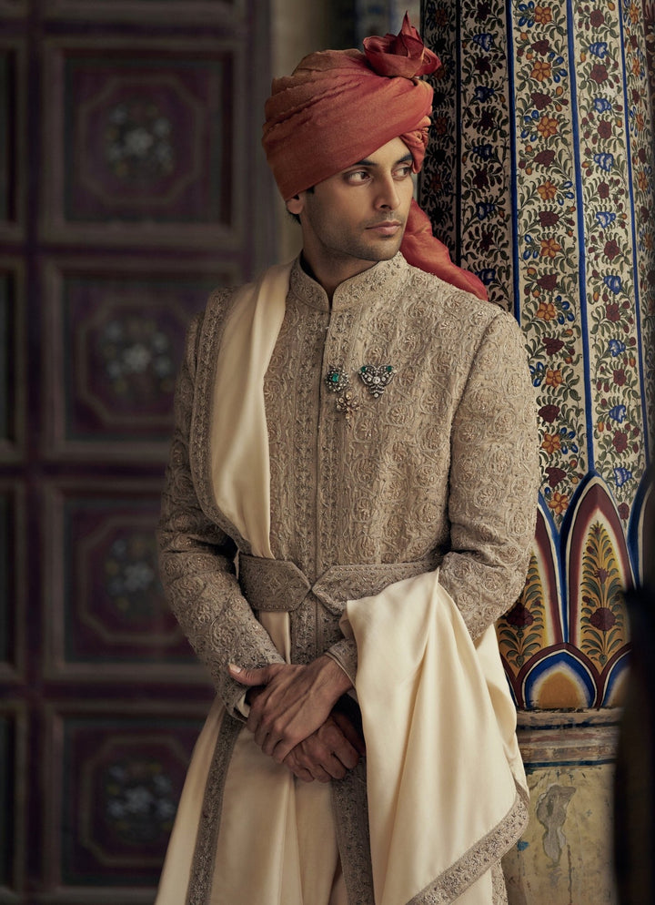 Mocha Colour Embroidered Silk Sherwani Nitika Gujral - Men - Fabilicious Fashion