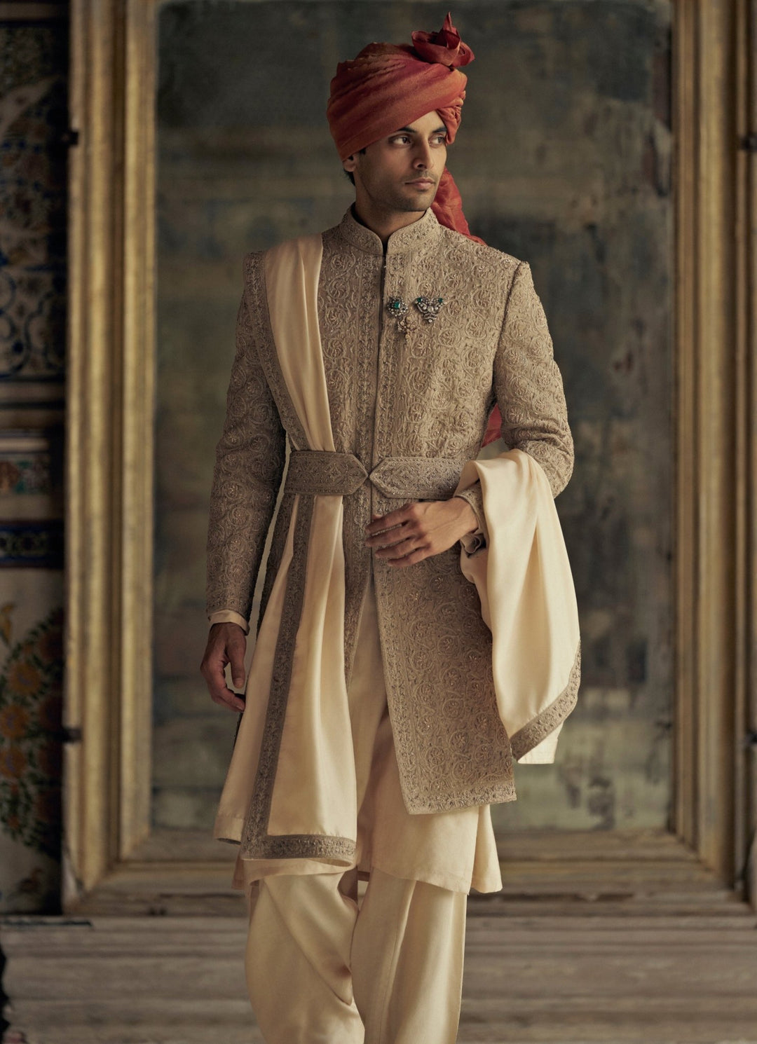 Mocha Colour Embroidered Silk Sherwani Nitika Gujral - Men - Fabilicious Fashion