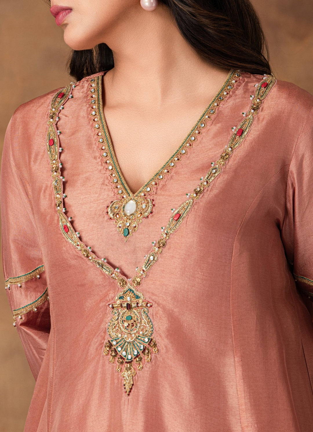 Mocha Pink Embroidered Silk Kurta Pant Set Isha Gupta Tayal - Fabilicious Fashion