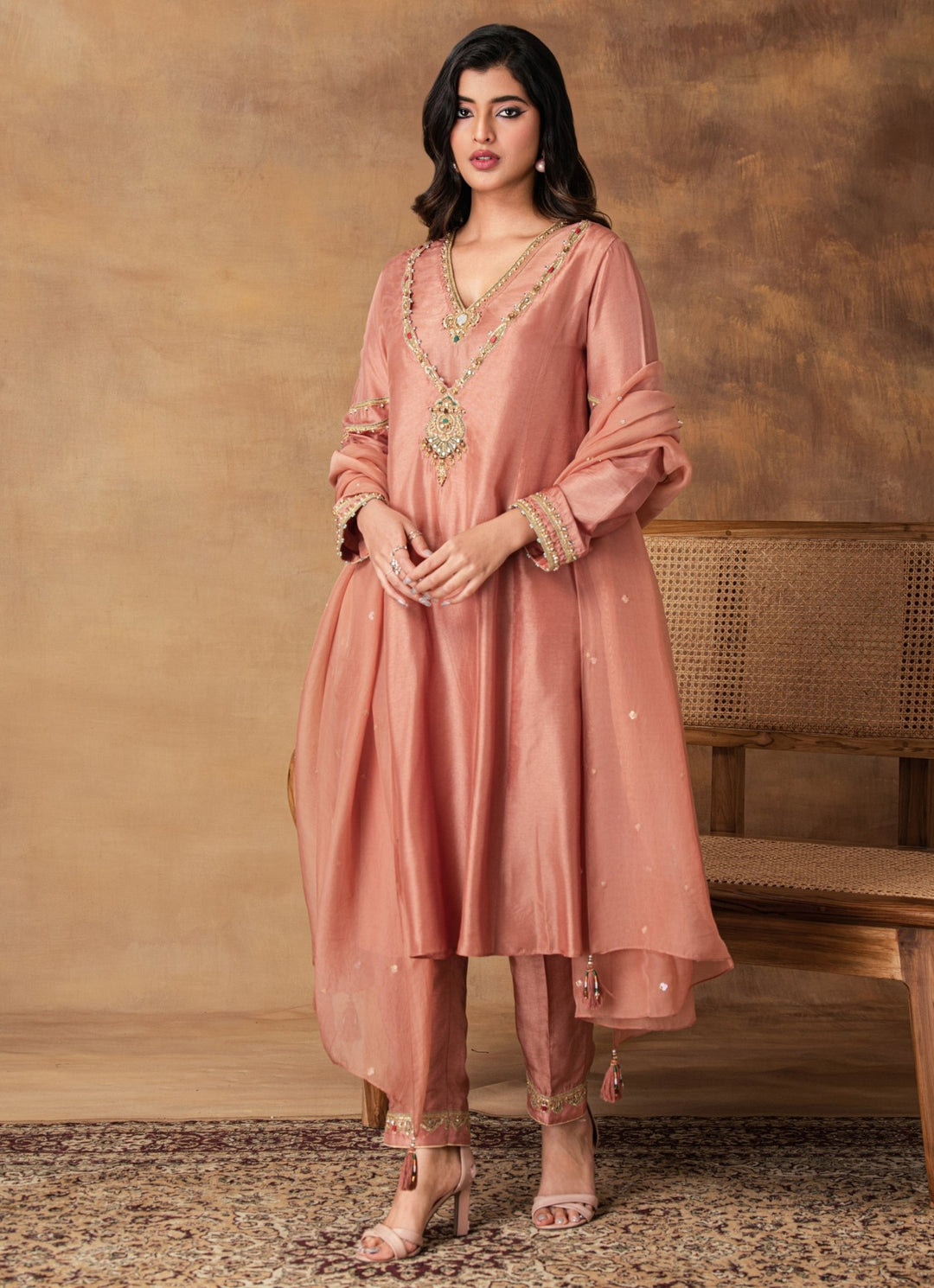 Mocha Pink Embroidered Silk Kurta Pant Set Isha Gupta Tayal - Fabilicious Fashion