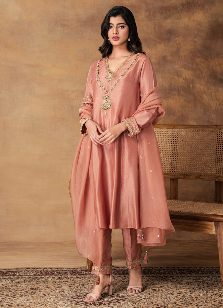 Mocha Pink Embroidered Silk Kurta Pant Set Isha Gupta Tayal - Fabilicious Fashion