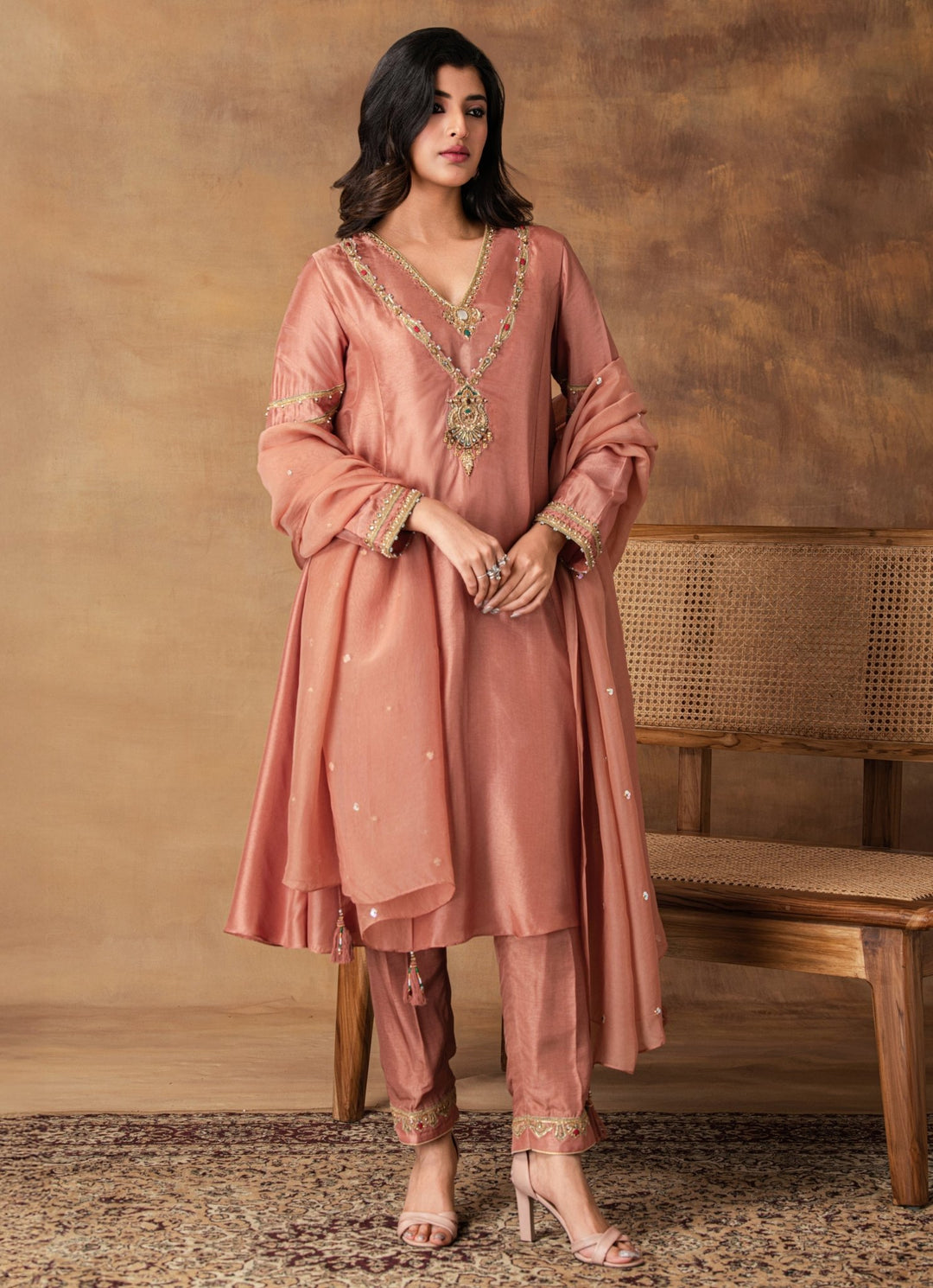 Mocha Pink Embroidered Silk Kurta Pant Set Isha Gupta Tayal - Fabilicious Fashion