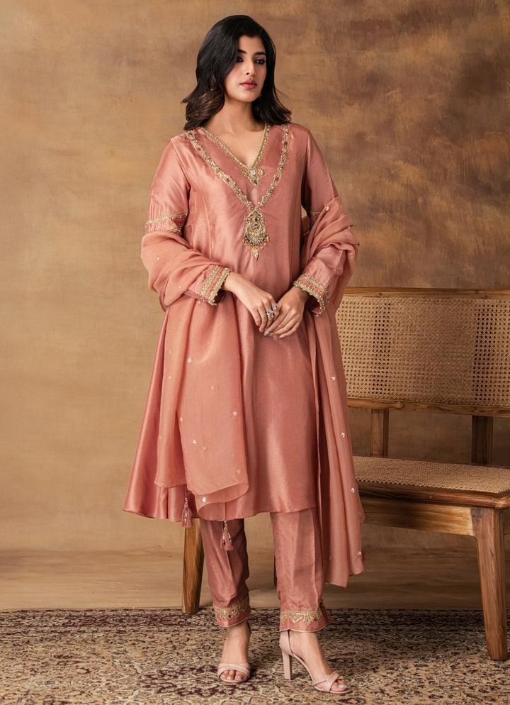 Mocha Pink Embroidered Silk Kurta Pant Set Isha Gupta Tayal - Fabilicious Fashion