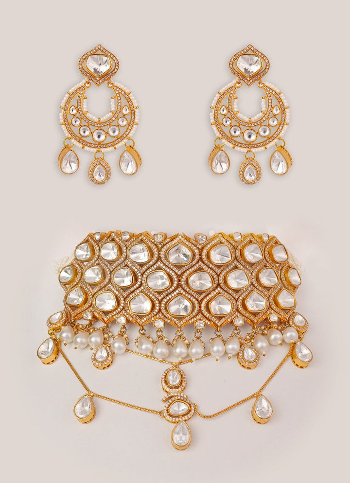 Moissanite And Polki Gold Choker Set Zevar by Geeta - Fabilicious Fashion