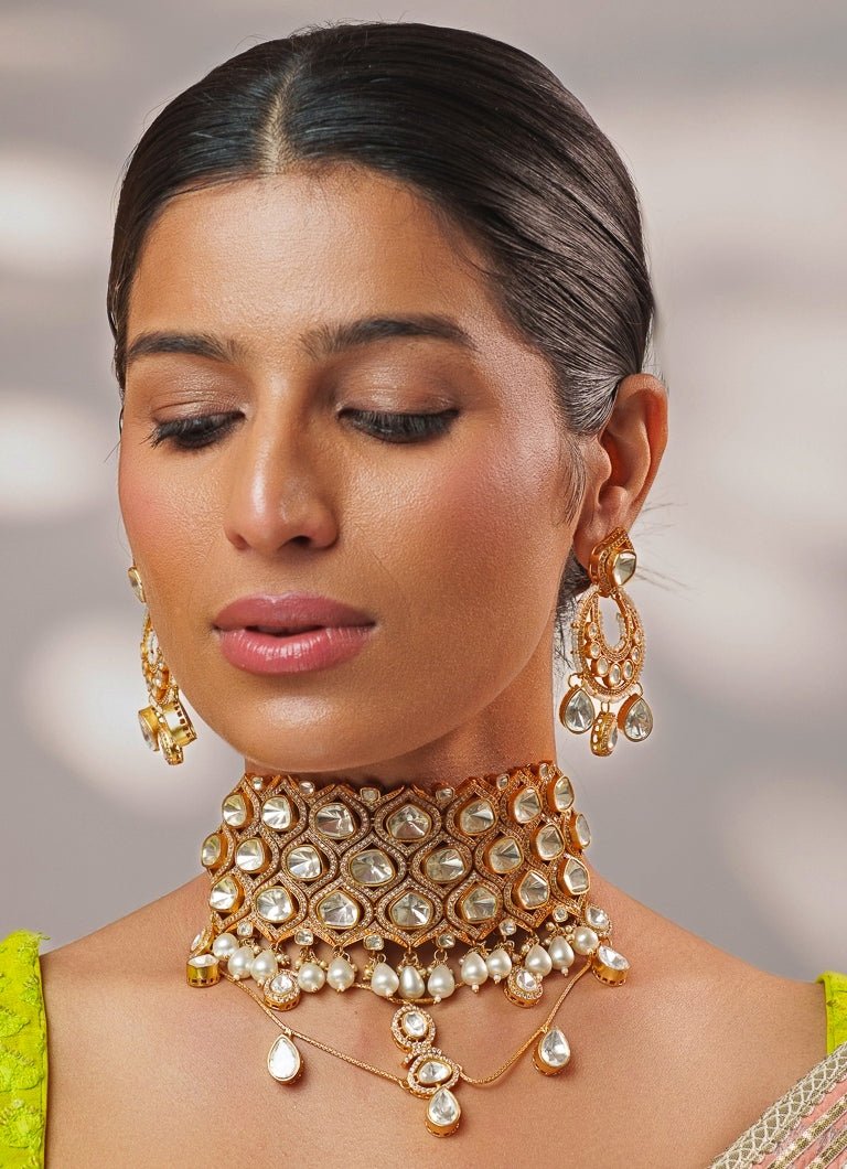 Moissanite And Polki Gold Choker Set Zevar by Geeta - Fabilicious Fashion