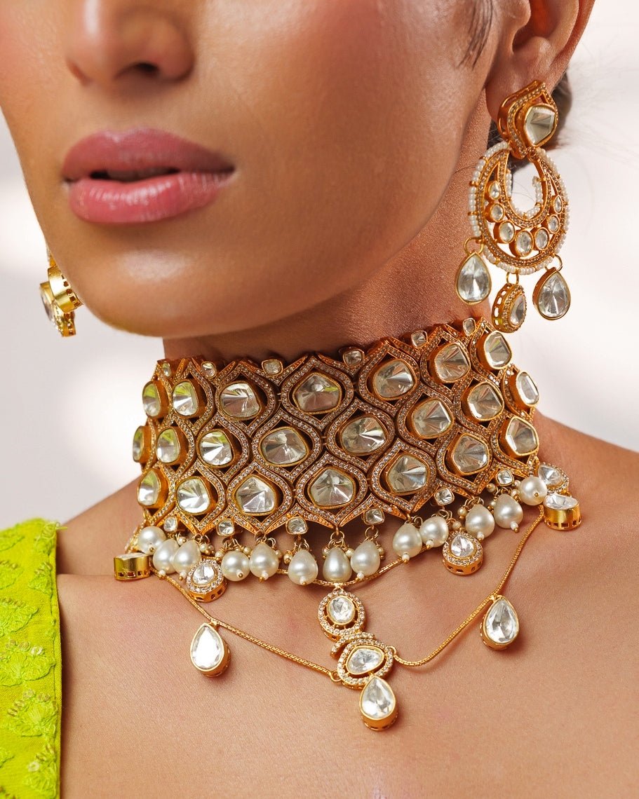 Moissanite And Polki Gold Choker Set Zevar by Geeta - Fabilicious Fashion