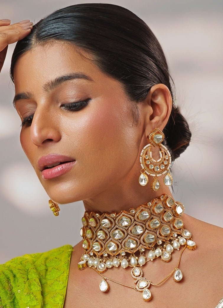 Moissanite And Polki Gold Choker Set Zevar by Geeta - Fabilicious Fashion