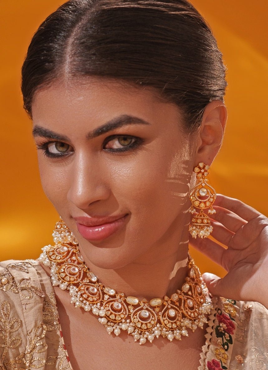 Moissanite Stone And Pearl Gold Necklace Set Zevar by Geeta - Fabilicious Fashion