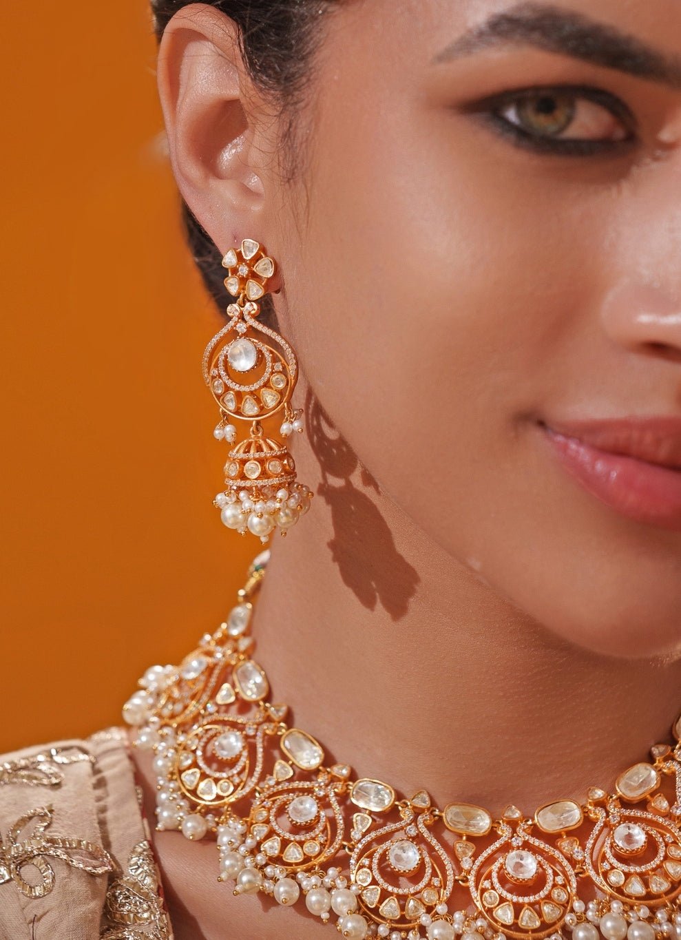 Moissanite Stone And Pearl Gold Necklace Set Zevar by Geeta - Fabilicious Fashion