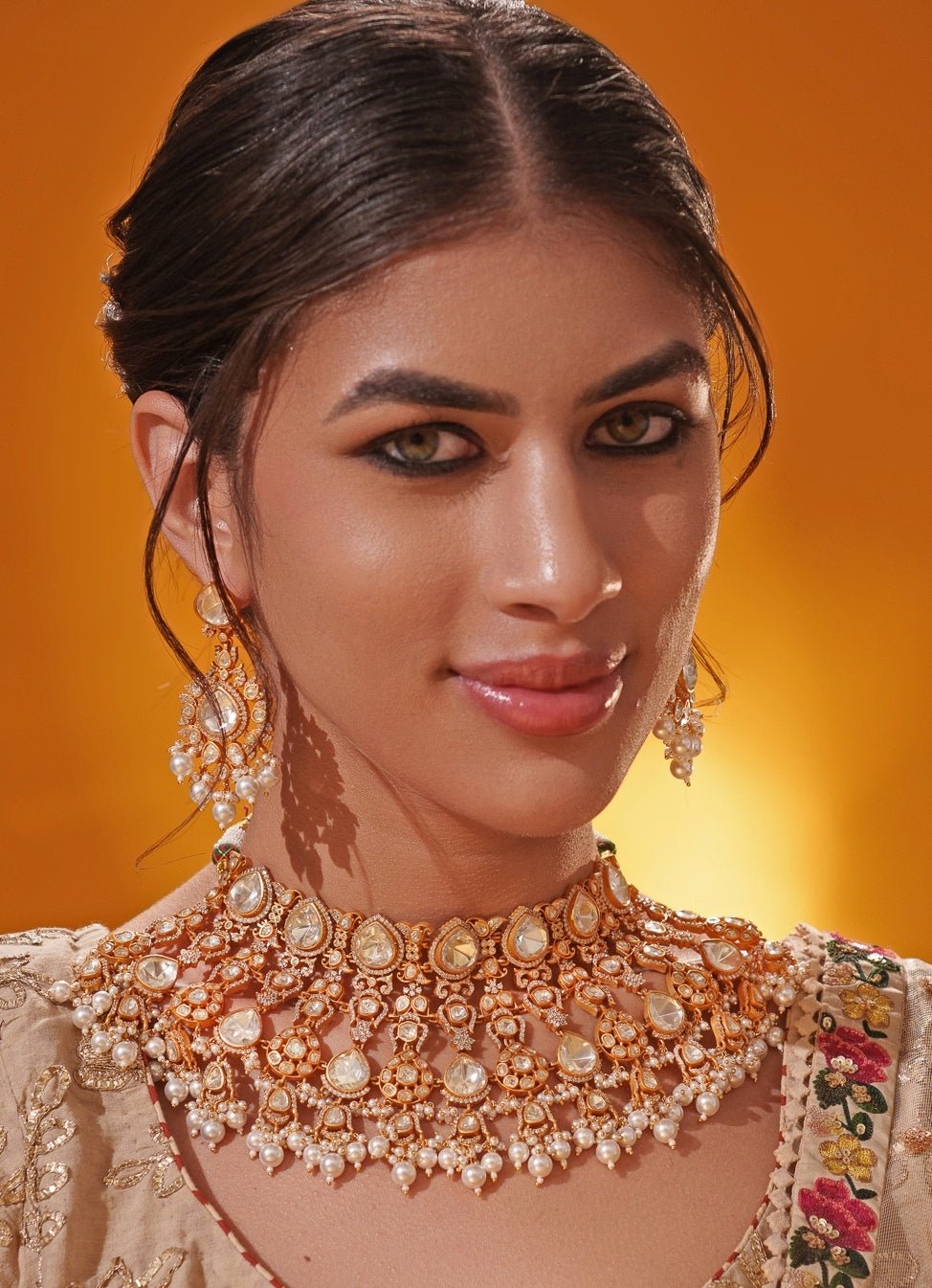 Moissanite Stone Gold Bridal Necklace Set Zevar by Geeta - Fabilicious Fashion