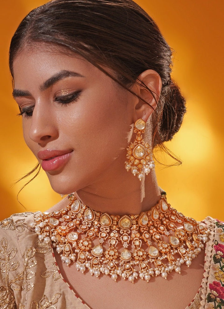 Moissanite Stone Gold Bridal Necklace Set Zevar by Geeta - Fabilicious Fashion