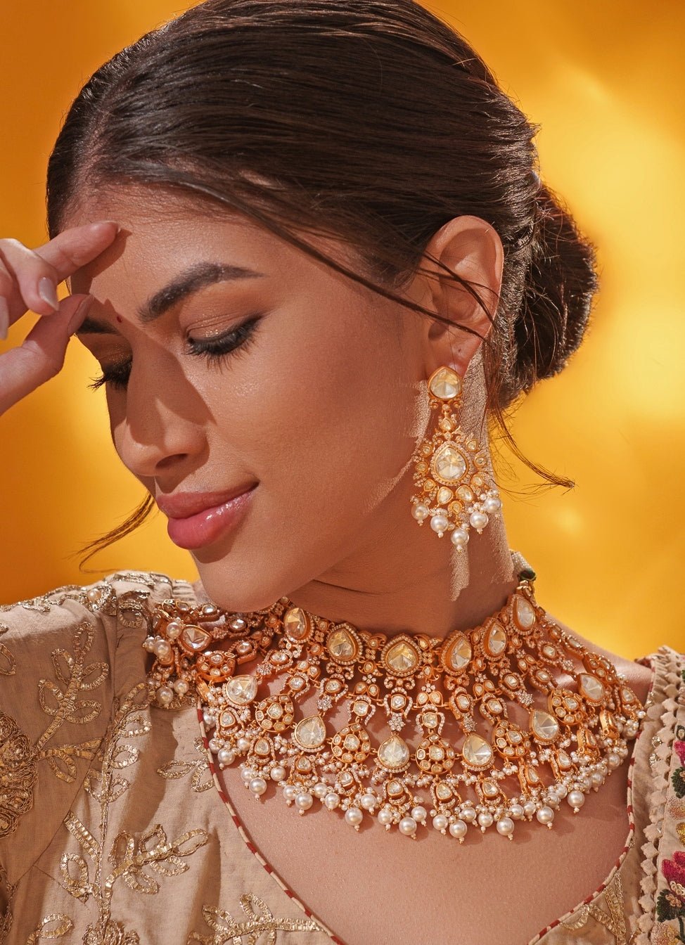 Moissanite Stone Gold Bridal Necklace Set Zevar by Geeta - Fabilicious Fashion