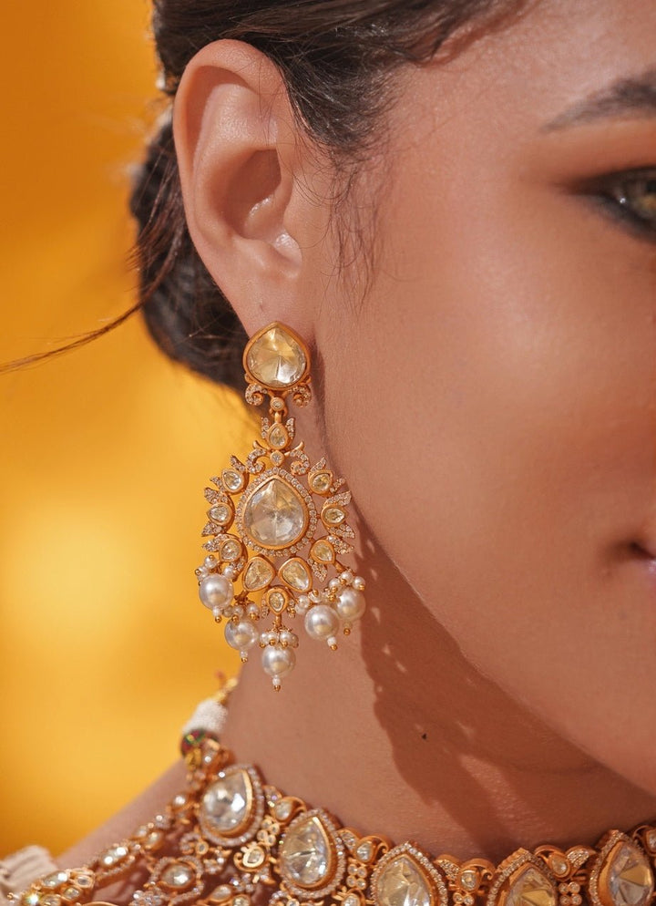 Moissanite Stone Gold Bridal Necklace Set Zevar by Geeta - Fabilicious Fashion