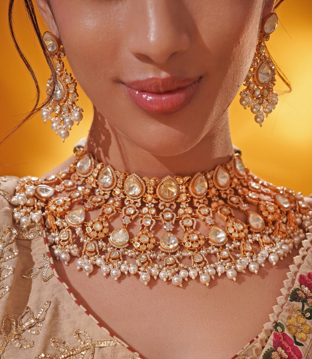 Moissanite Stone Gold Bridal Necklace Set Zevar by Geeta - Fabilicious Fashion