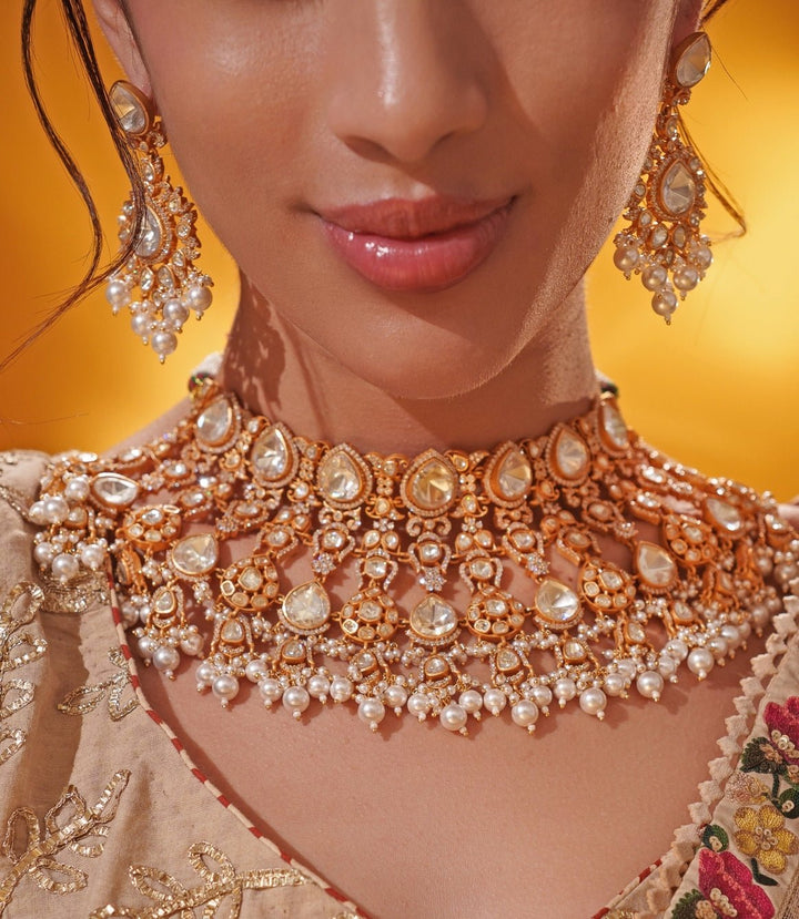 Moissanite Stone Gold Bridal Necklace Set Zevar by Geeta - Fabilicious Fashion