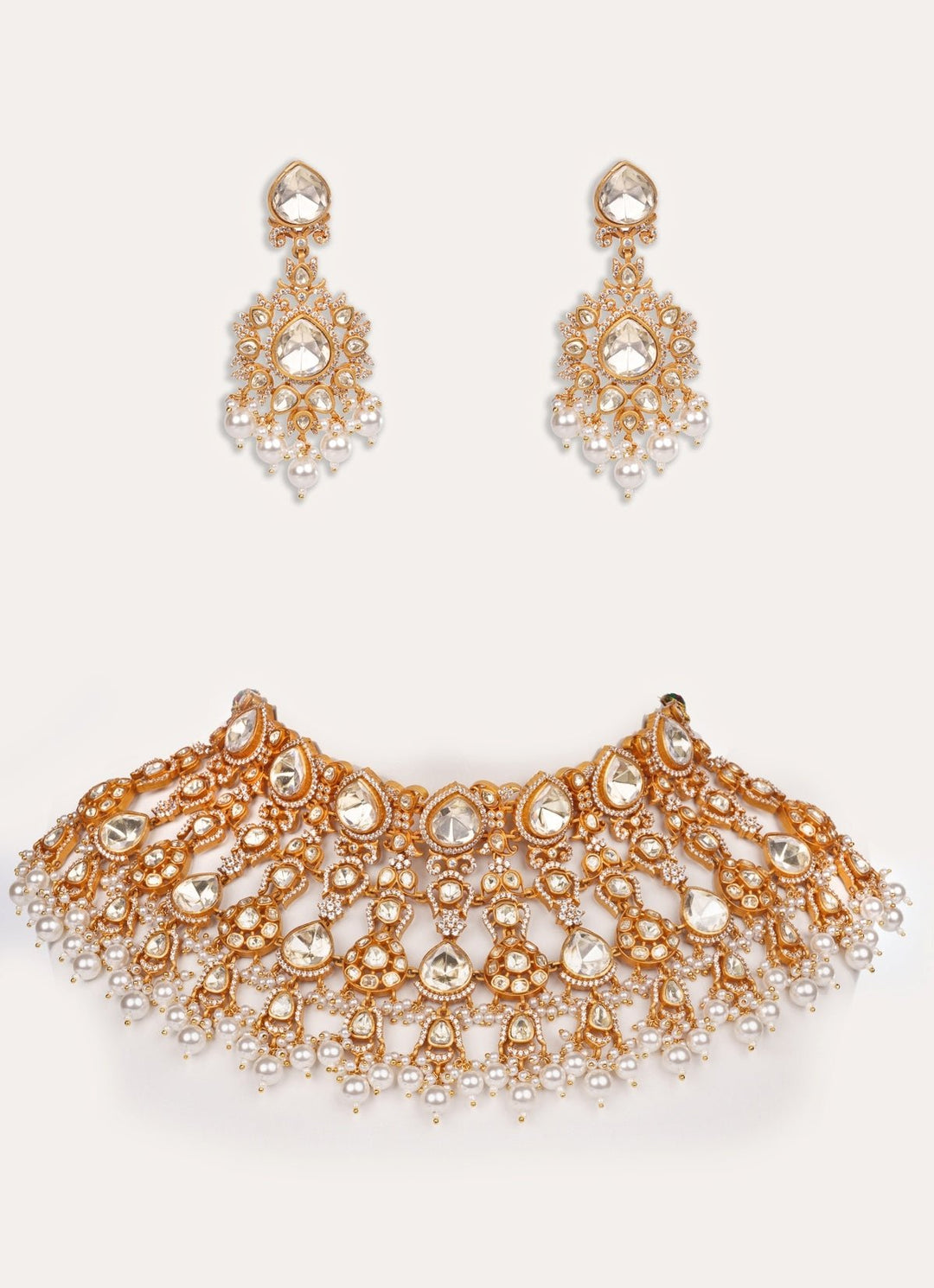 Moissanite Stone Gold Bridal Necklace Set Zevar by Geeta - Fabilicious Fashion