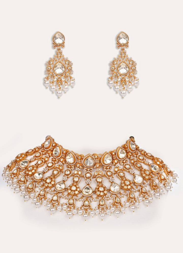 Moissanite Stone Gold Bridal Necklace Set Zevar by Geeta - Fabilicious Fashion