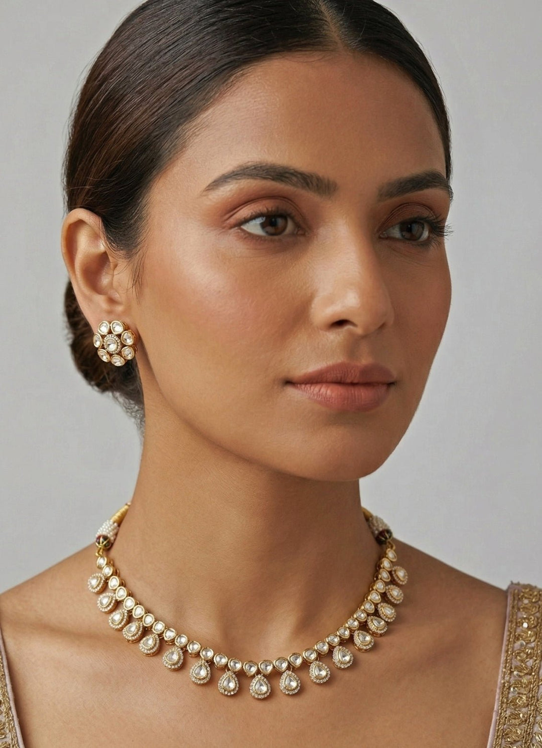 Moissanite Stone Gold Finish Necklace Set Zevar by Geeta - Fabilicious Fashion