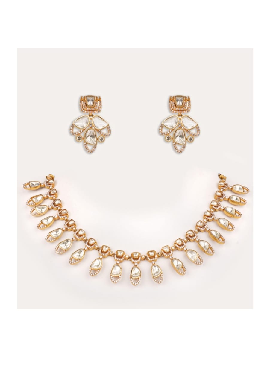 Moissanite Stone Gold Necklace Set Zevar by Geeta - Fabilicious Fashion