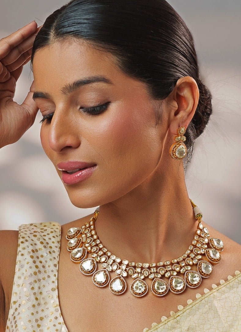 Moissanite Stone Gold Necklace Set Zevar by Geeta - Fabilicious Fashion