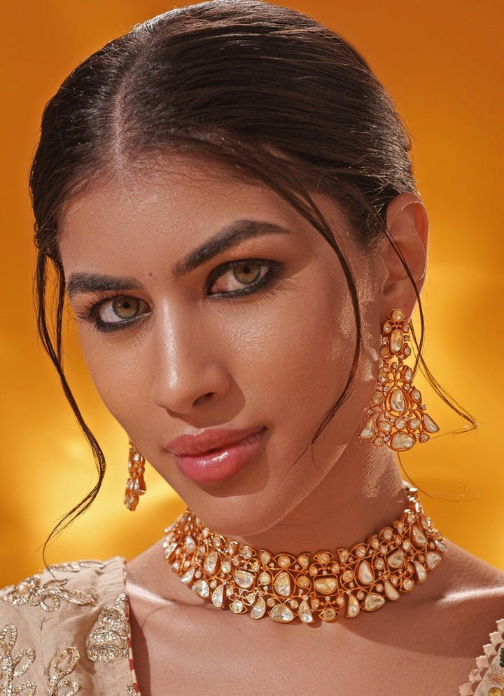 Moissanite Stone Gold Necklace Set Zevar by Geeta - Fabilicious Fashion