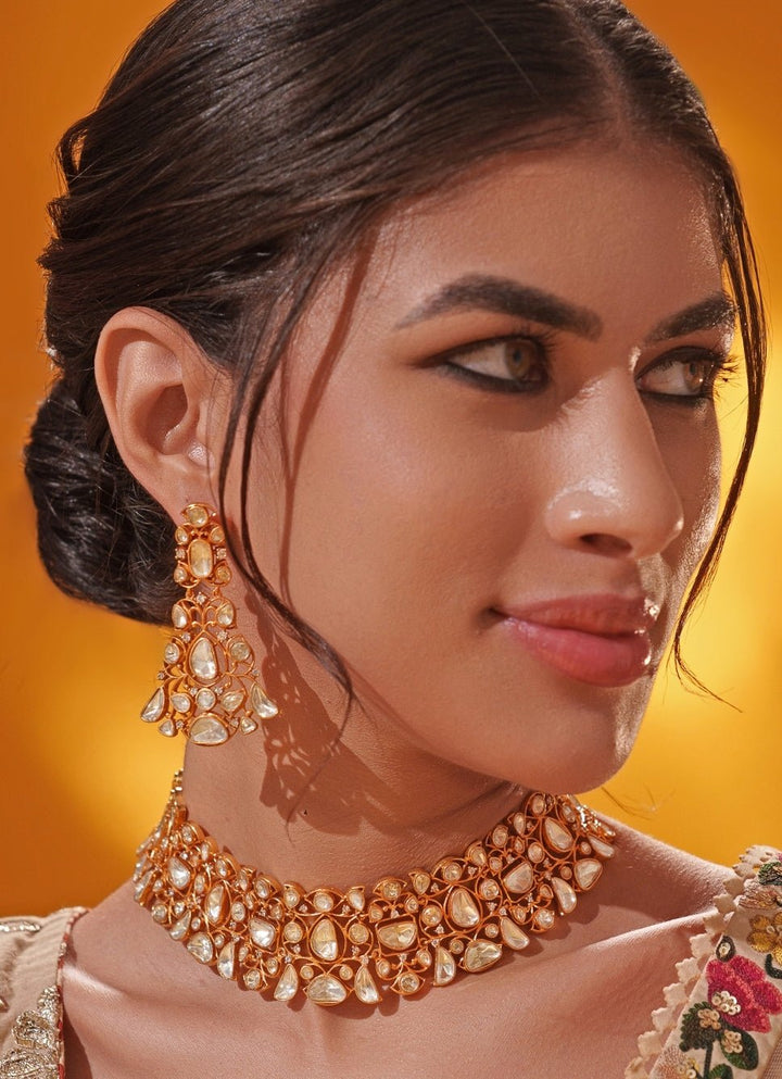 Moissanite Stone Gold Necklace Set Zevar by Geeta - Fabilicious Fashion