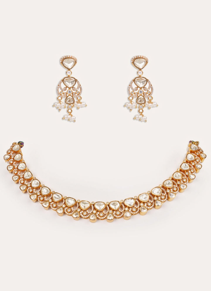 Moissanite Stone Gold Necklace Set Zevar by Geeta - Fabilicious Fashion
