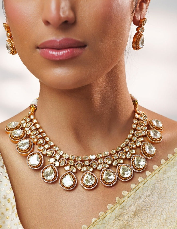 Moissanite Stone Gold Necklace Set Zevar by Geeta - Fabilicious Fashion