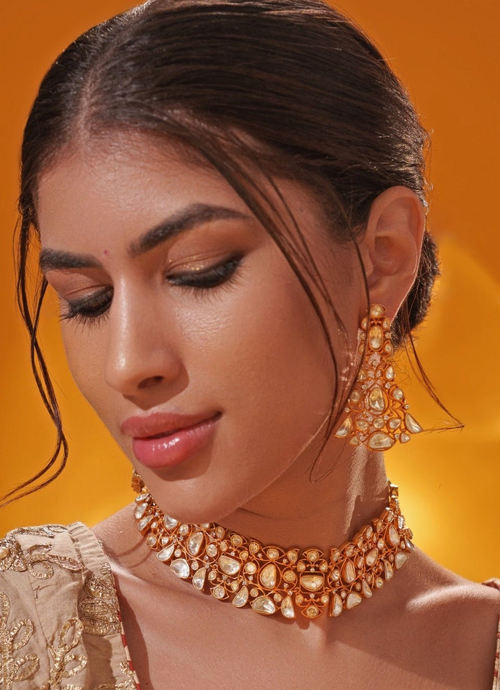 Moissanite Stone Gold Necklace Set Zevar by Geeta - Fabilicious Fashion