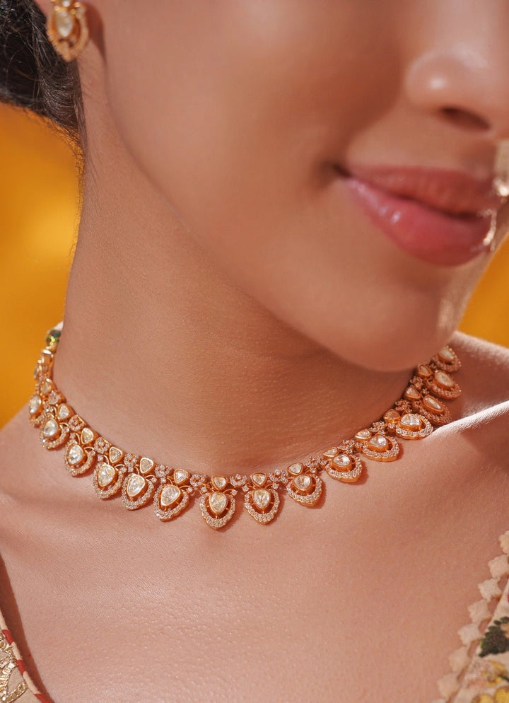 Moissanite Stone Gold Necklace Set Zevar by Geeta - Fabilicious Fashion