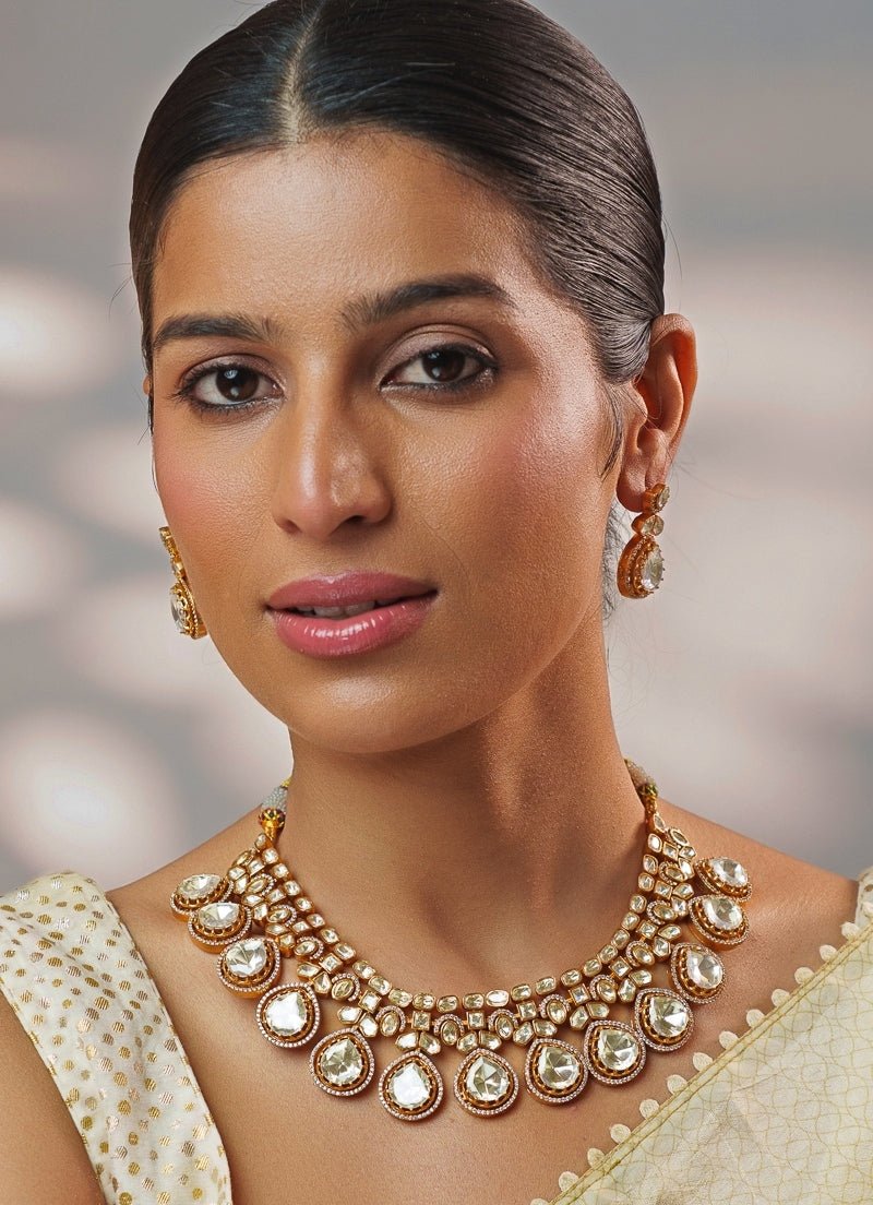 Moissanite Stone Gold Necklace Set Zevar by Geeta - Fabilicious Fashion