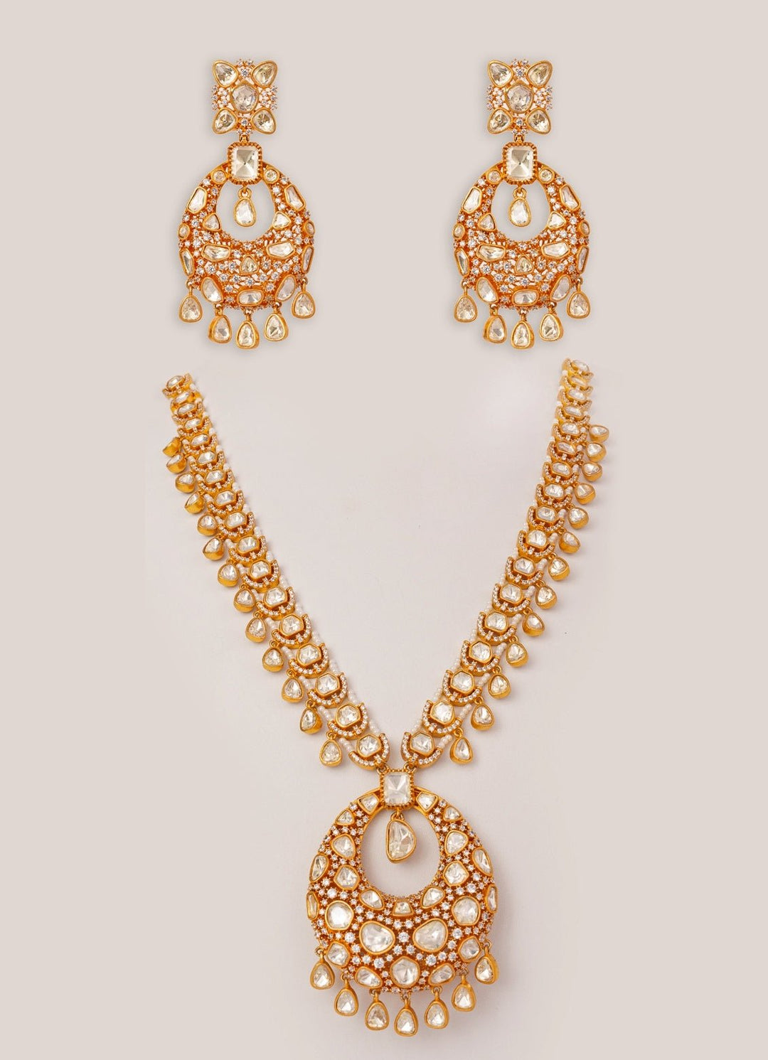 Moissanite Stones Gold Long Necklace Set Zevar by Geeta - Fabilicious Fashion