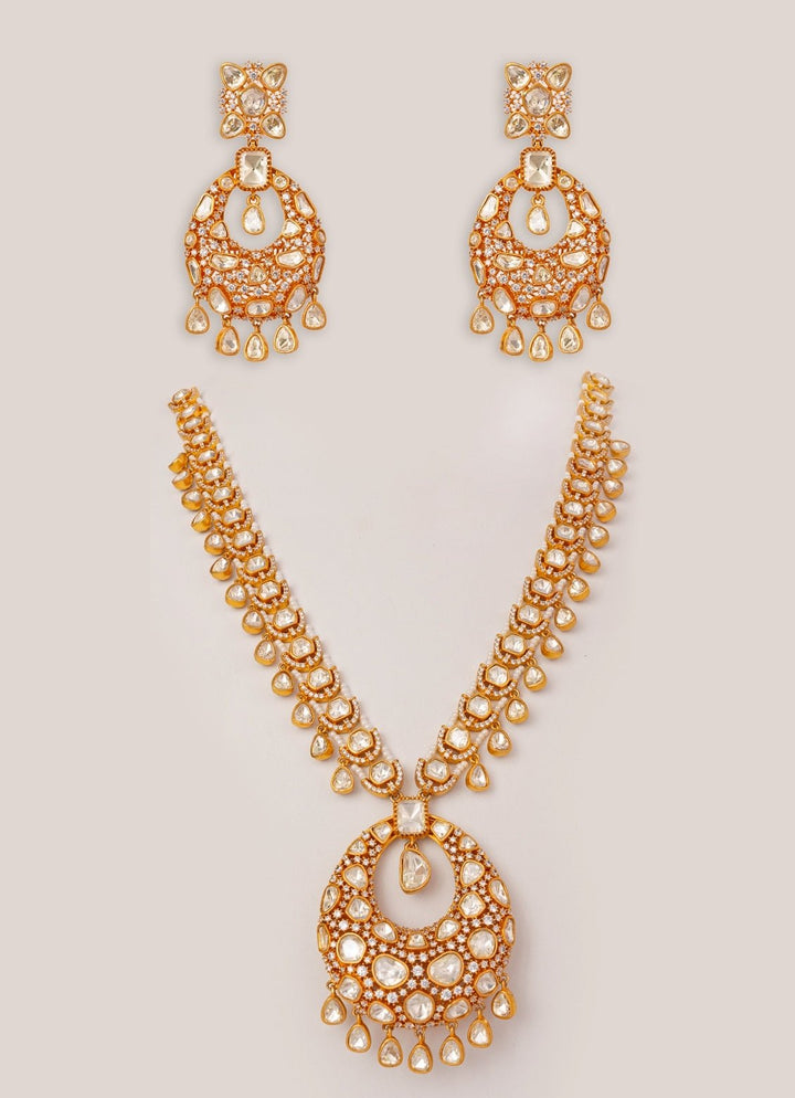 Moissanite Stones Gold Long Necklace Set Zevar by Geeta - Fabilicious Fashion