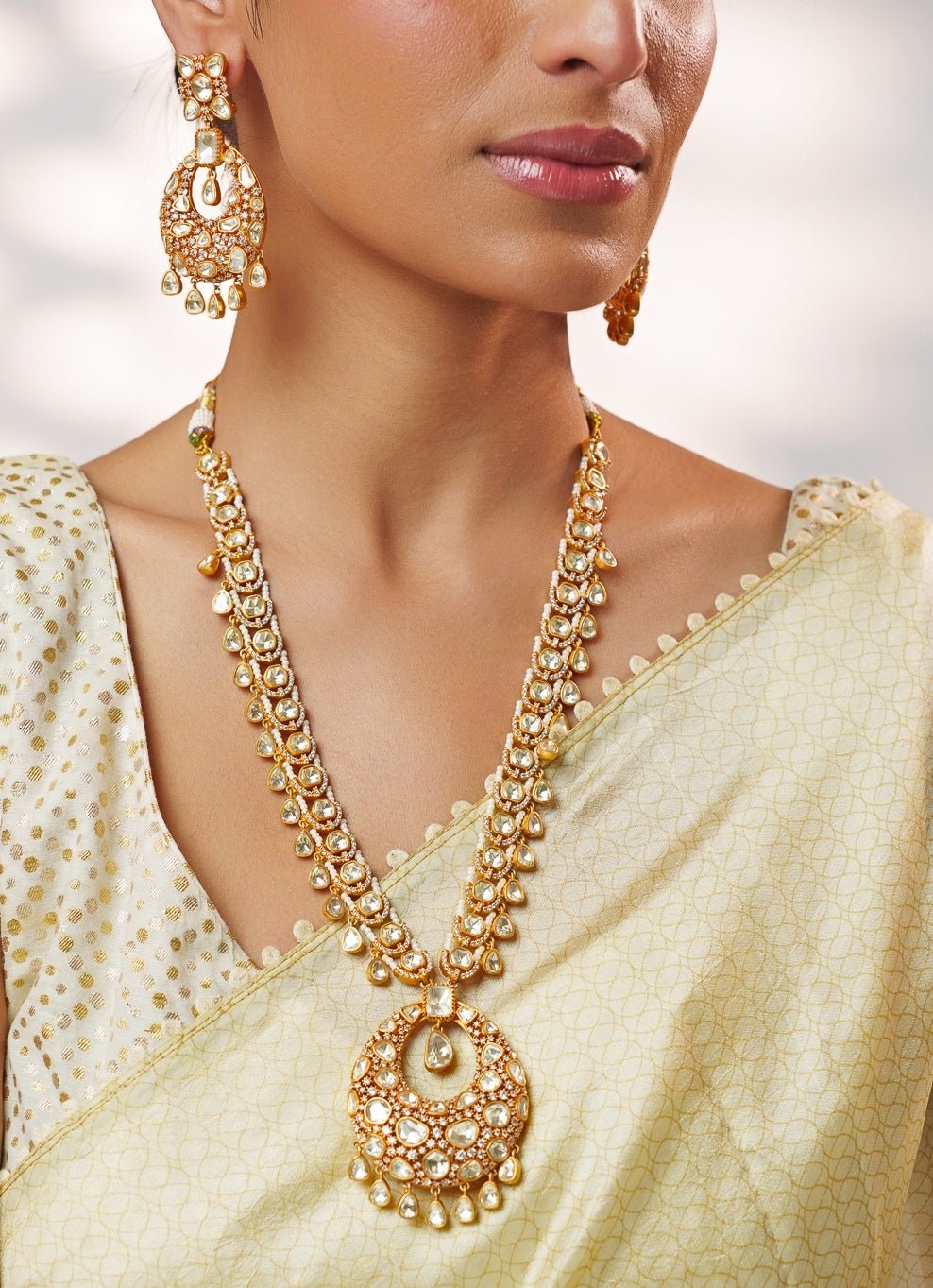 Moissanite Stones Gold Long Necklace Set Zevar by Geeta - Fabilicious Fashion