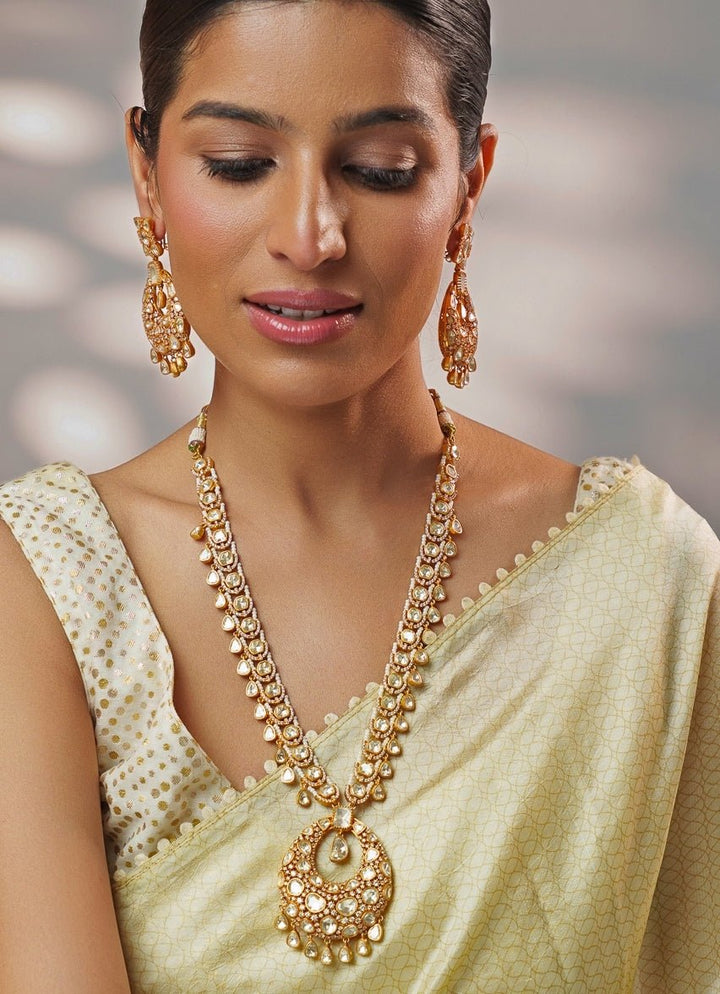 Moissanite Stones Gold Long Necklace Set Zevar by Geeta - Fabilicious Fashion